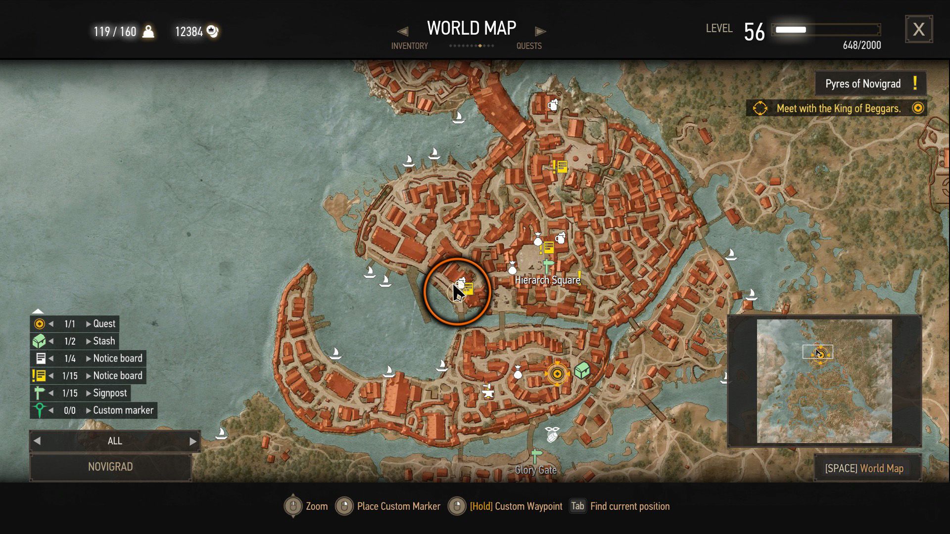 A screenshot of The Witcher 3&rsquo;s map with an orange circle over a quest objective.