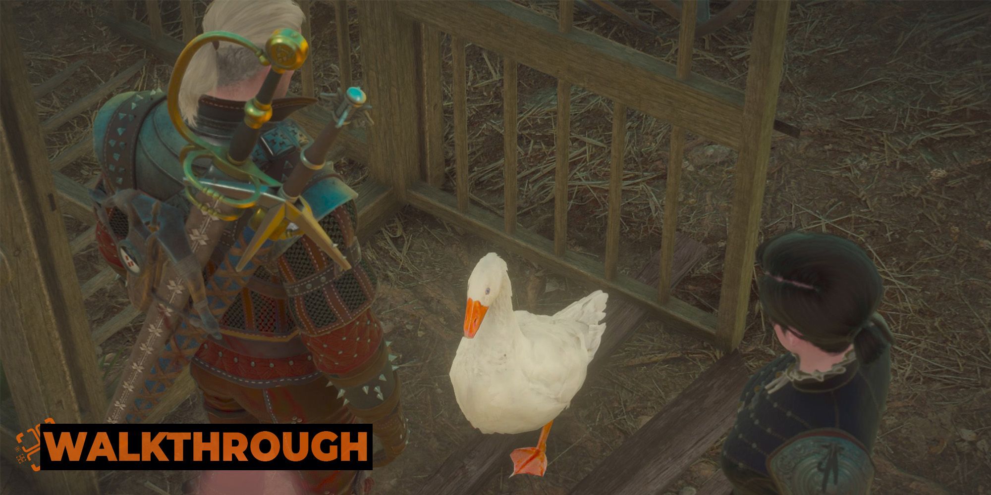 Geralt and Syanna look down at a Goose having freed it from a cage.