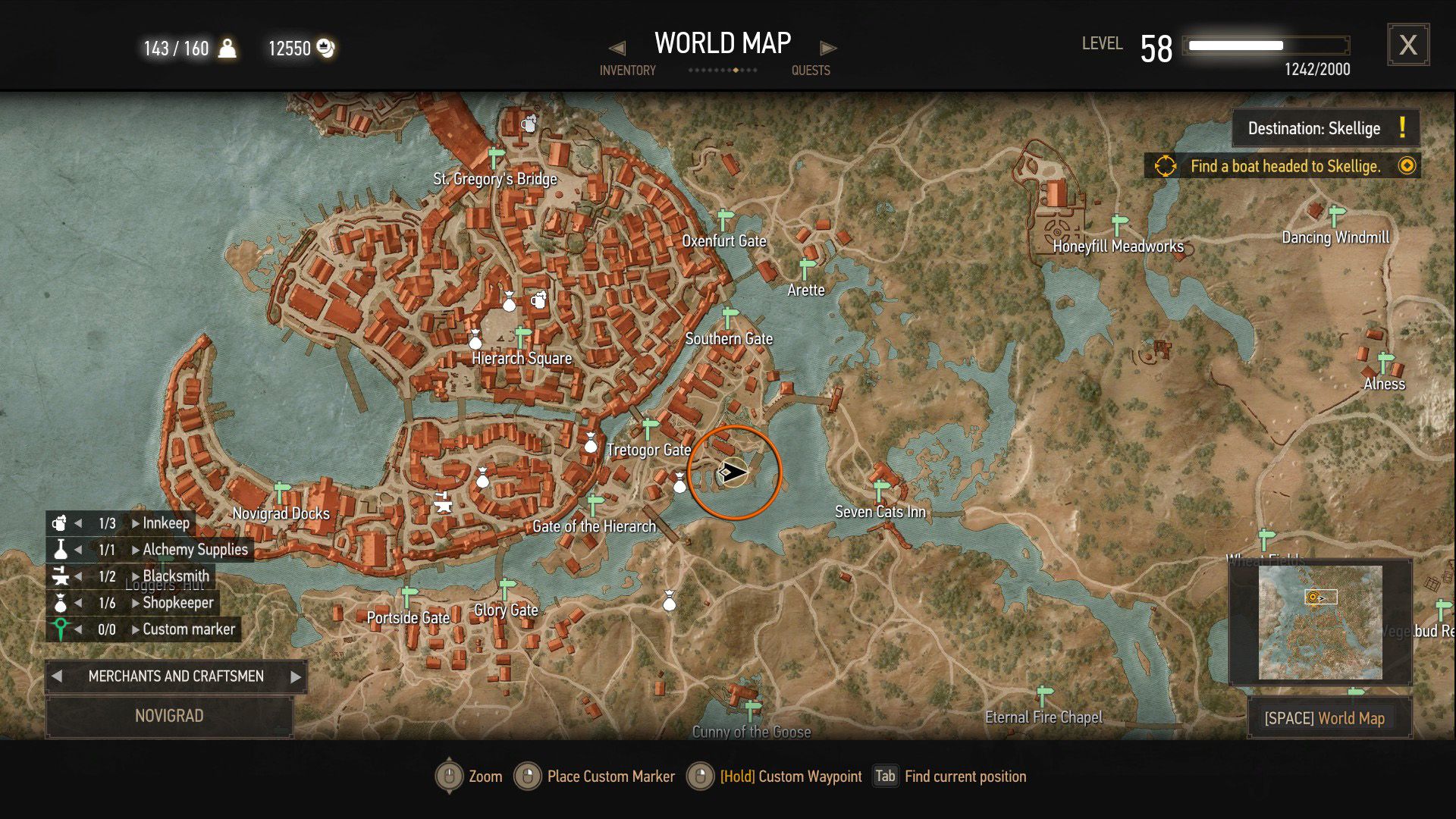 A screenshot of The Witcher 3&rsquo;s map with an orange circle over a quest objective.