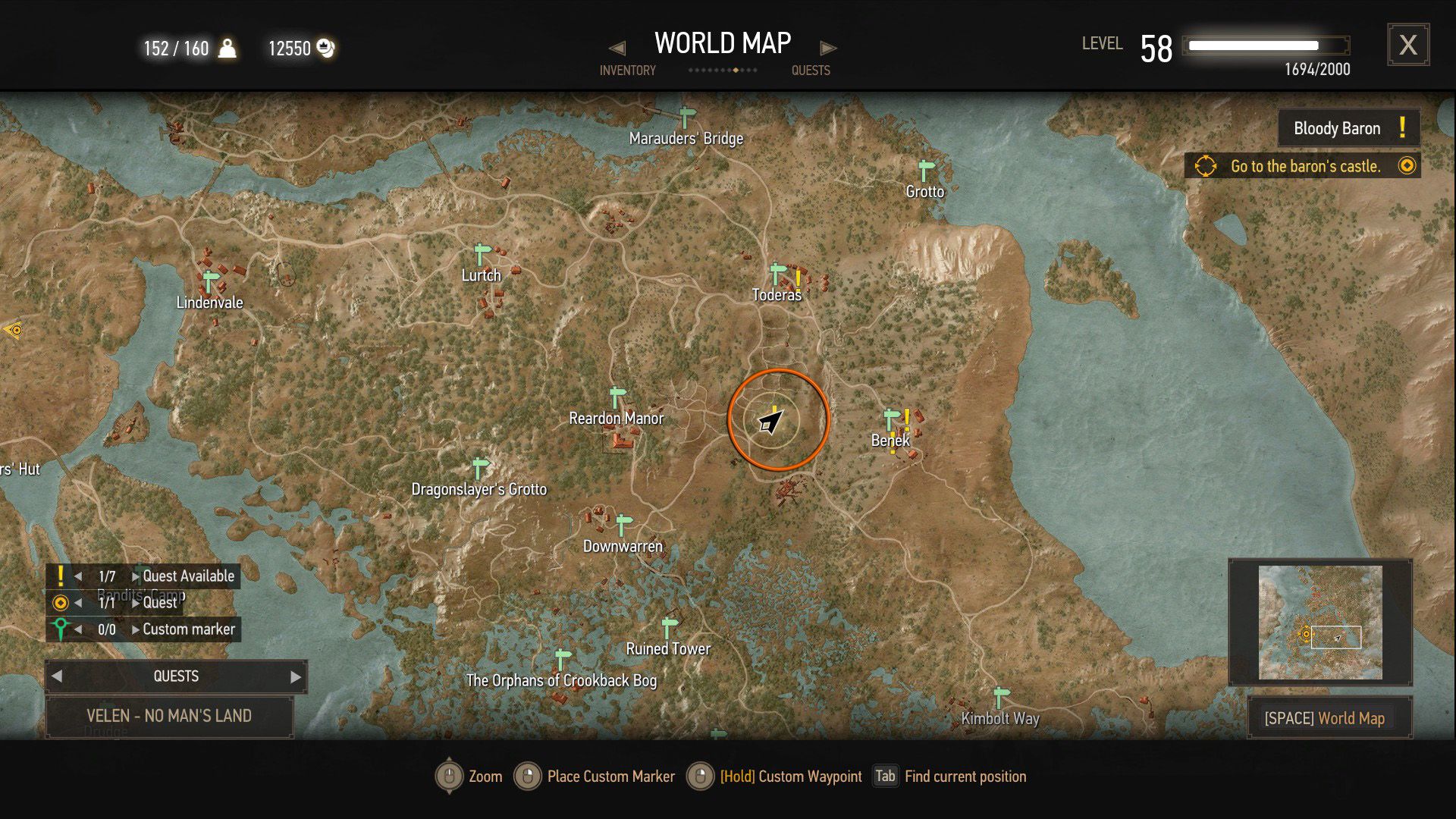 A screenshot of The Witcher 3&rsquo;s map, with an orange circle over a quest objective.