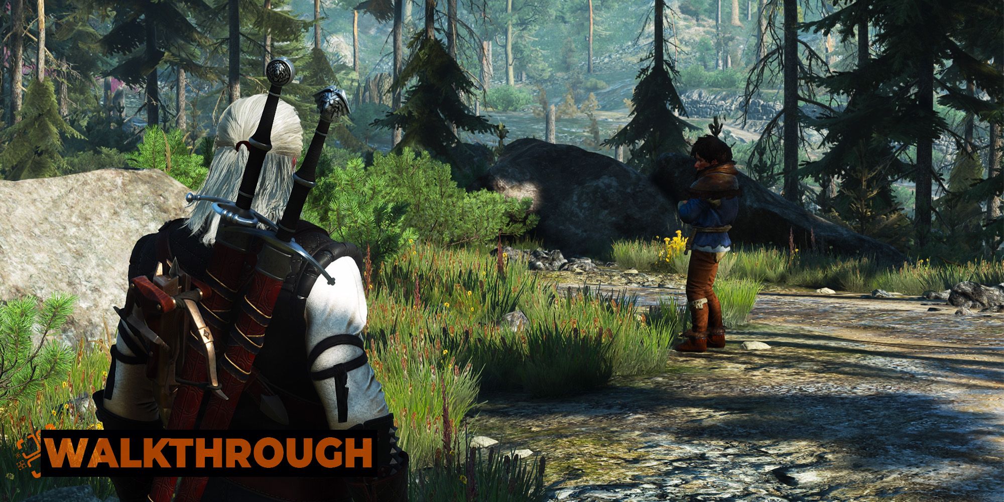 Geralt approaches a child in Skellige&rsquo;s wilderness.
