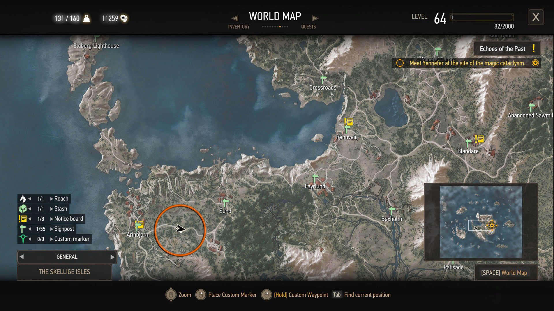 A screenshot of The Witcher 3&rsquo;s map with an orange circle over a quest objective.