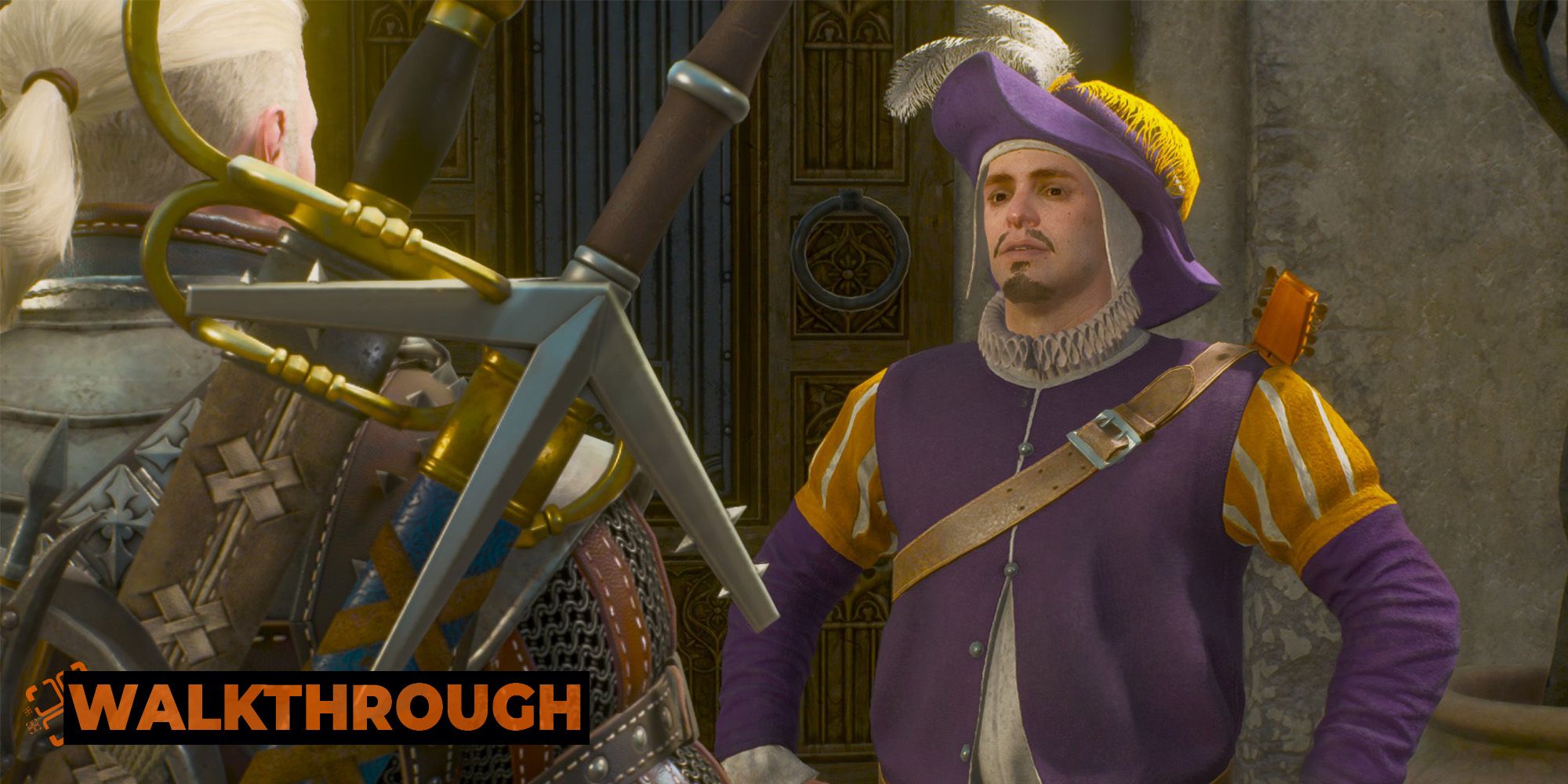 A bard wearing garish purple clothes talks to Geralt in Beauclair.