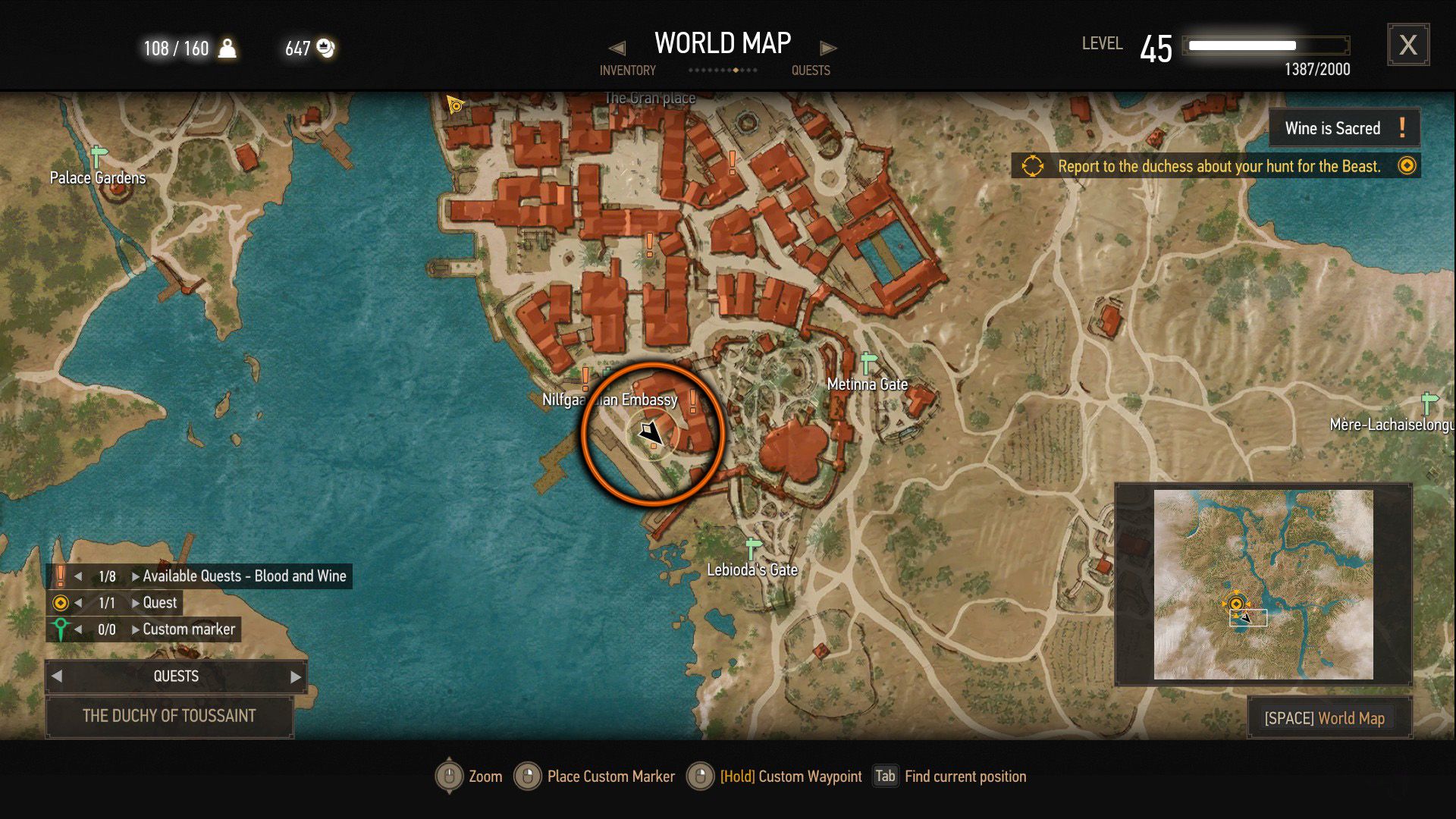 A screenshot of The Witcher 3&rsquo;s map of Beauclair, with an orange circle over a quest objective.