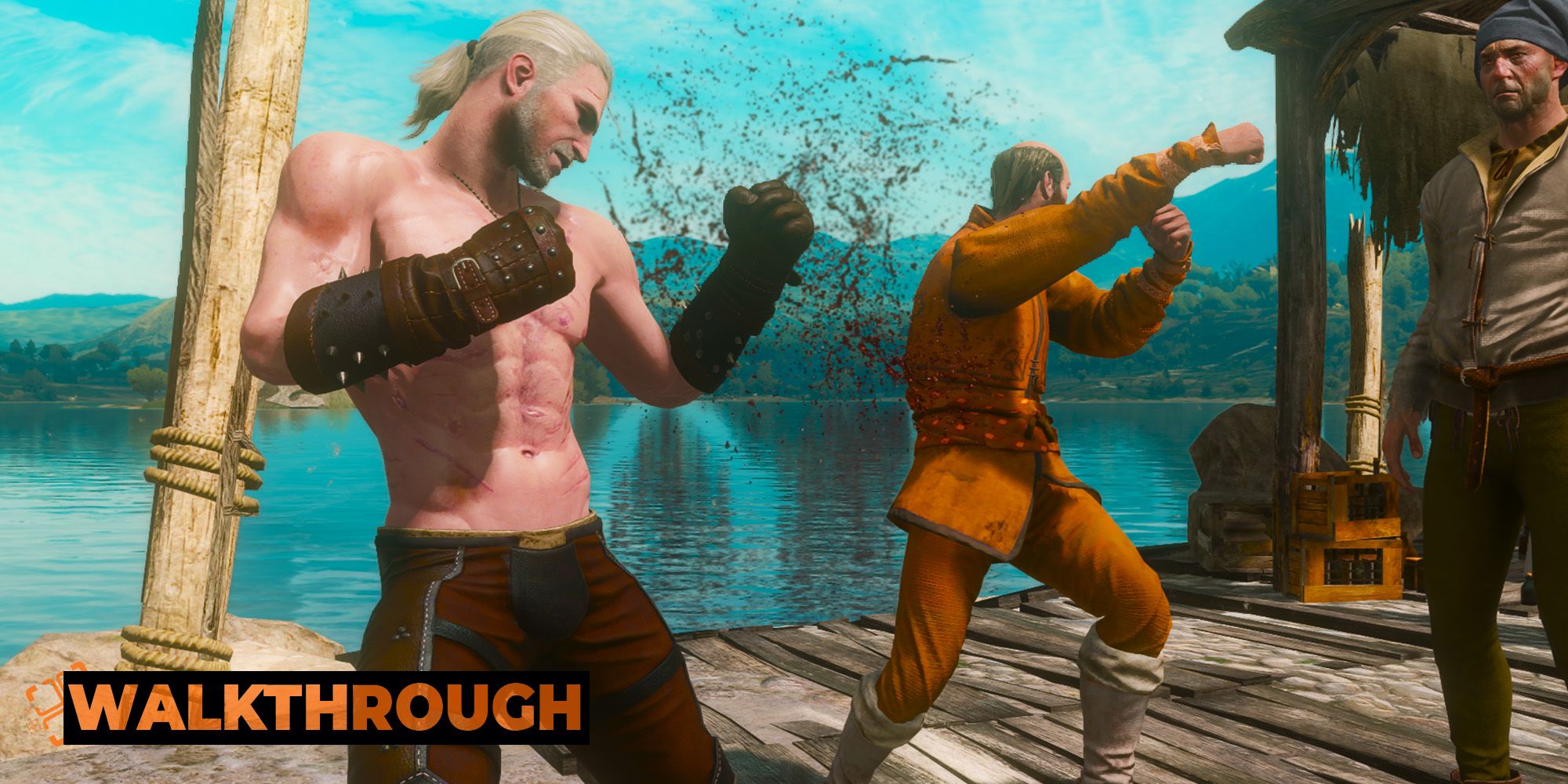 Geralt is sent reeling by a man dressed in orange hitting him.