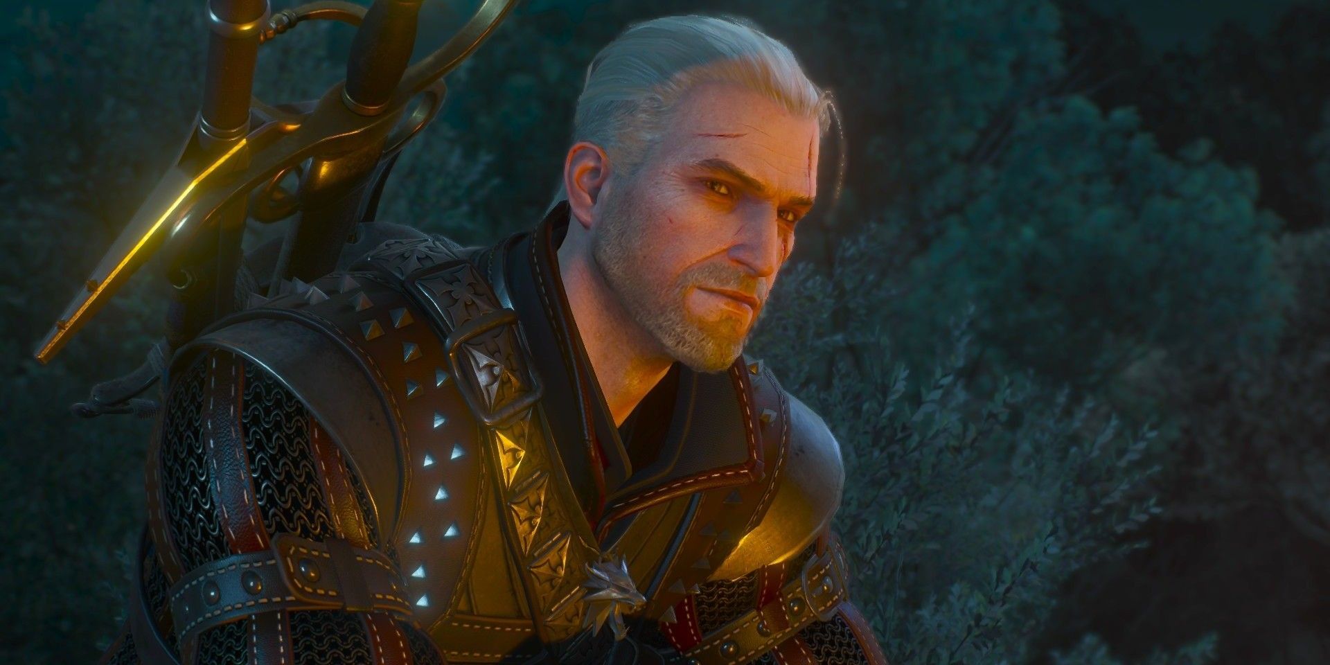 The Witcher 3-Screenshot von Geralt, wie er an einem Feuer sitzt