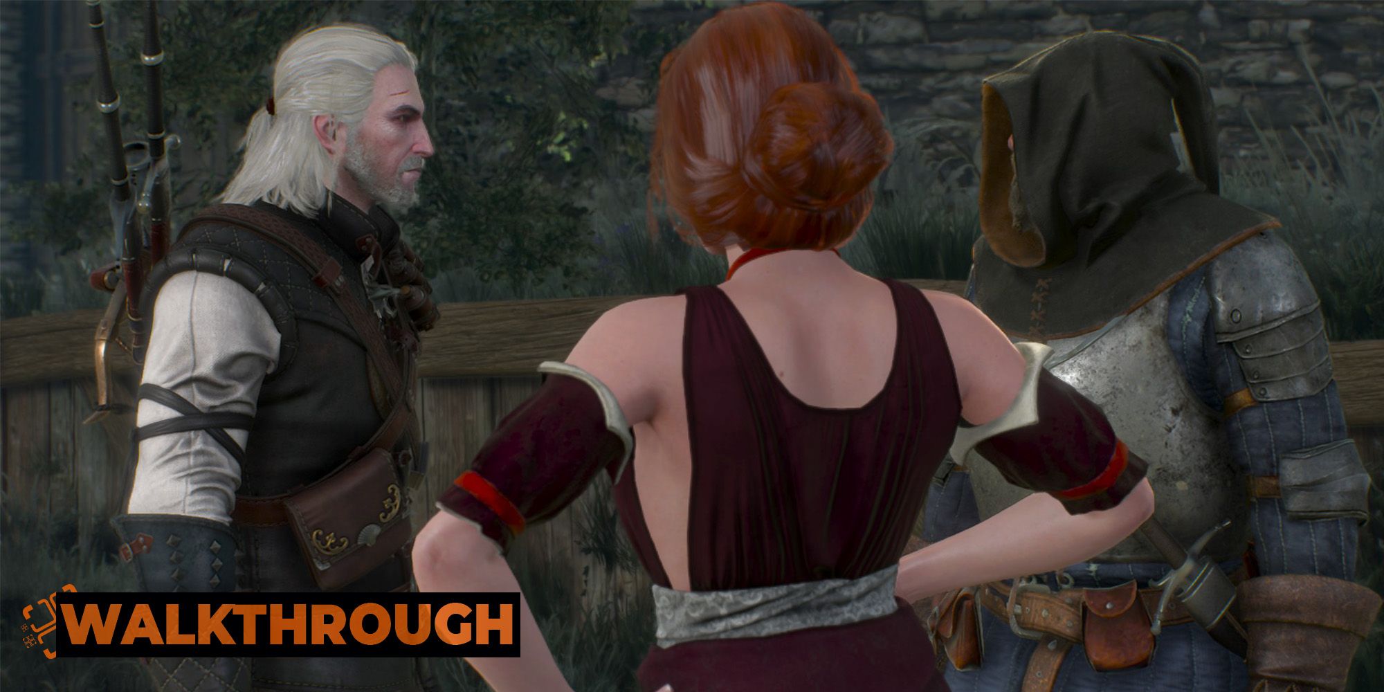 Geralt confronts a hooded man in the streets of Novigrad.
