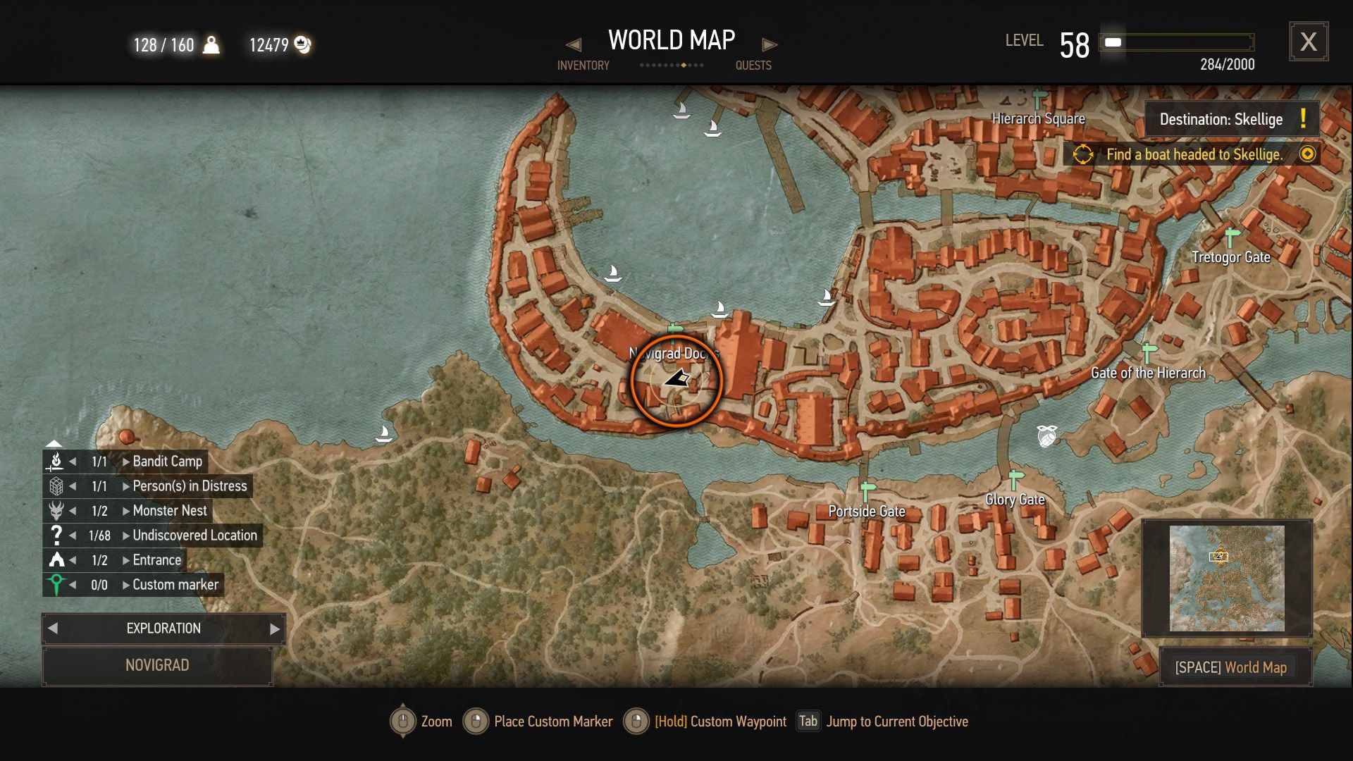 A screenshot of The Witcher 3&rsquo;s map, with an orange circle over a quest location.