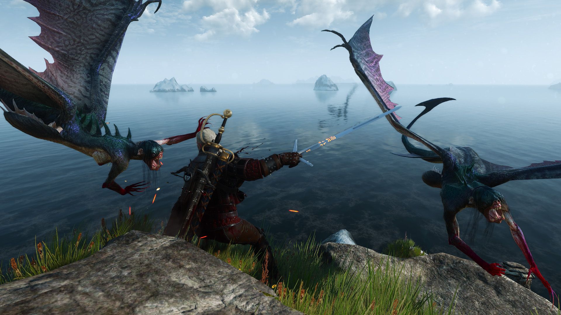 Geralt fights a pair of monsters on a cliff in Skellige.