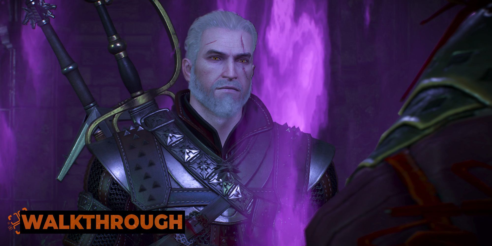 Geralt talks to a mage through a purple magic barrier.