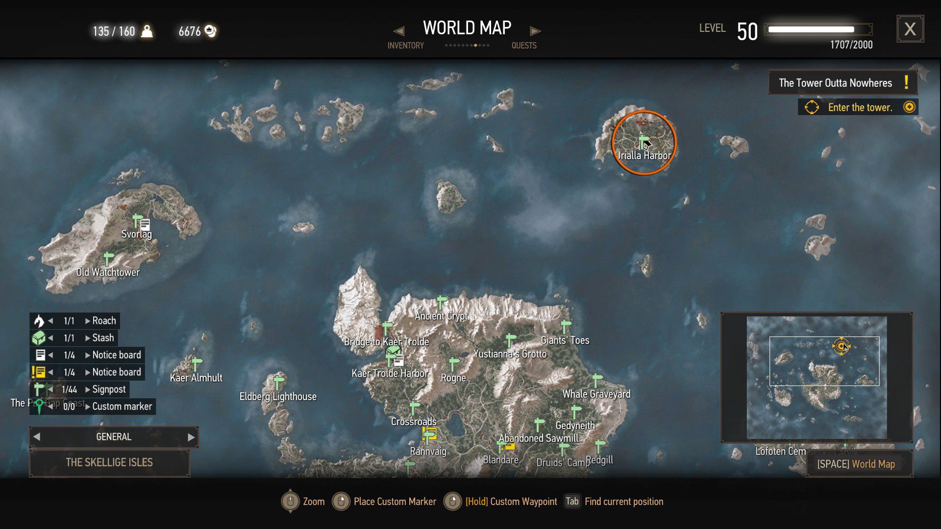 A screenshot of The Witcher 3&rsquo;s map with an orange circle over a quest objective.