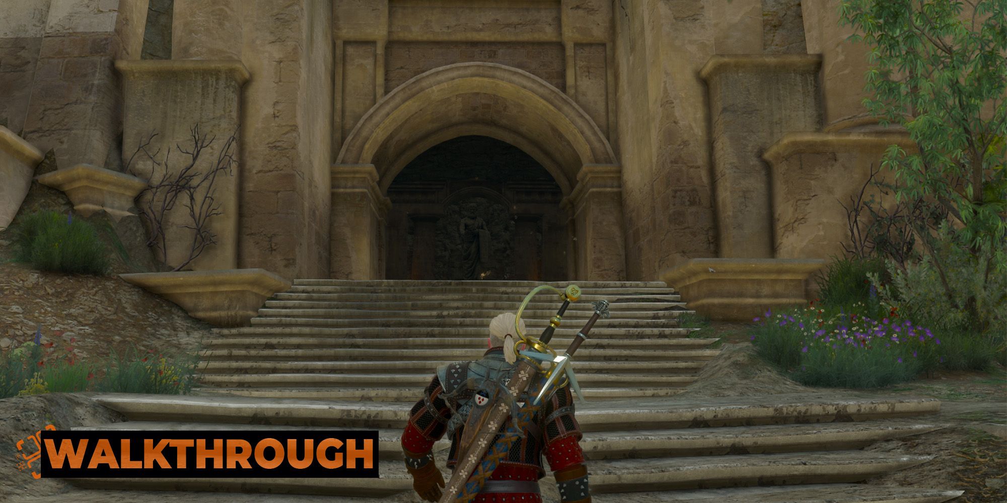 Geralt climbs up a set of stairs leading to an abandoned temple in Beauclair.
