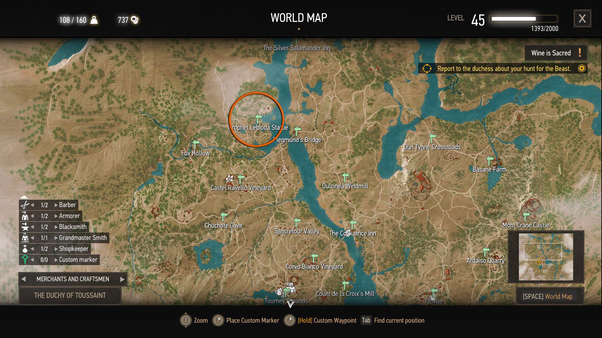 A screenshot of The Witcher 3&rsquo;s map with an orange circle over a quest objective.