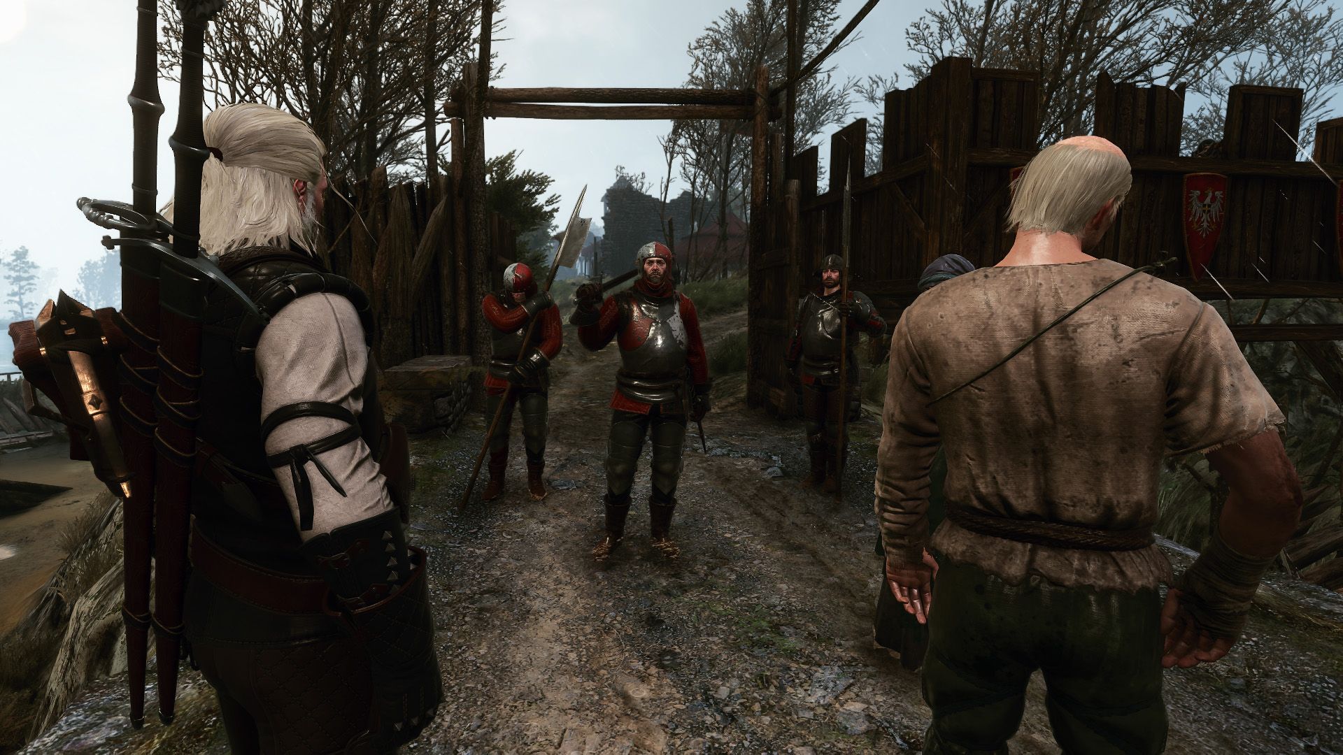 Geralt stands next to a man queuing up to cross a border checkpoint by a river in Velen.
