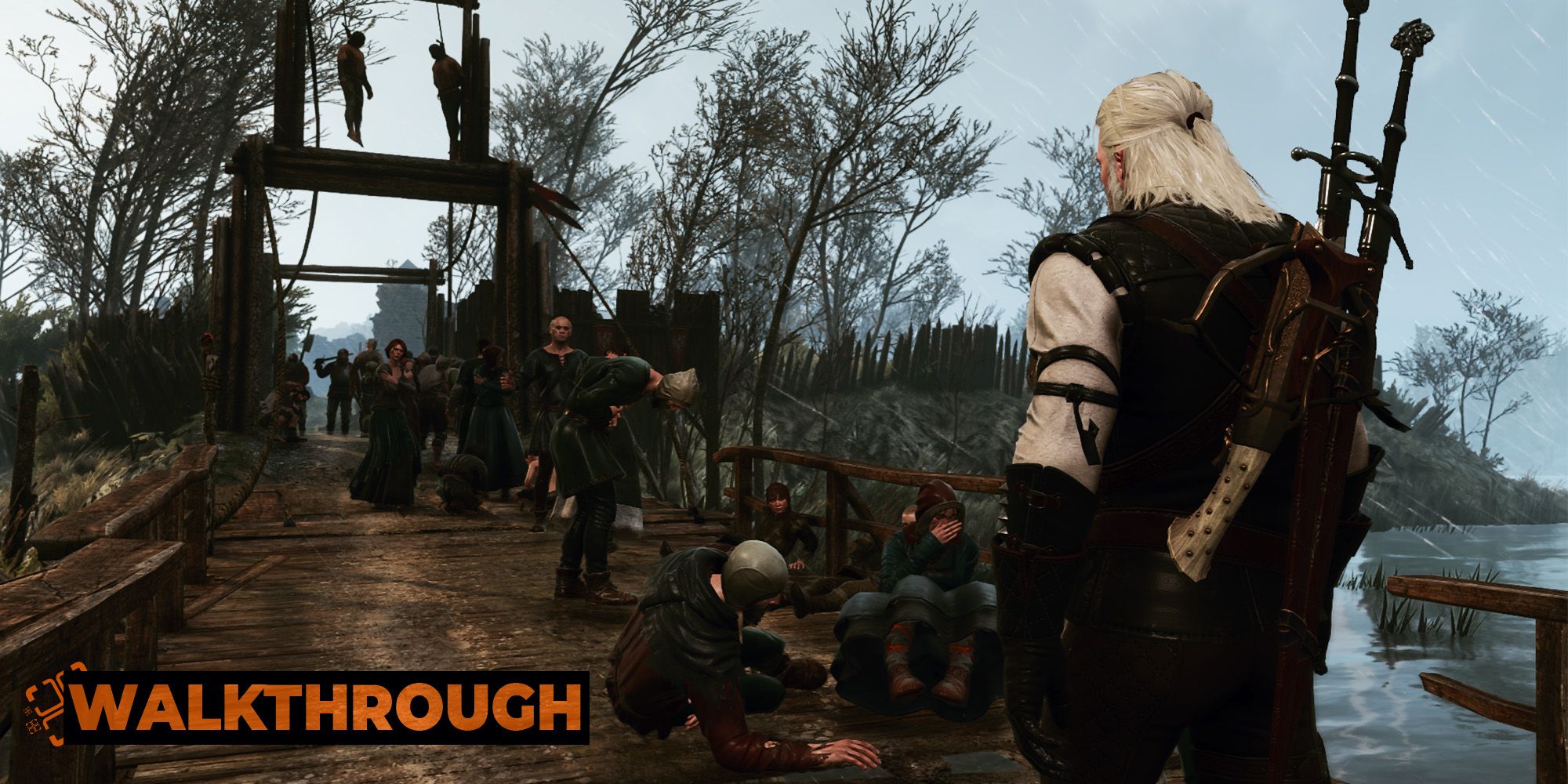 Geralt walks down a wooden bridge with a long queue of refugees before him.