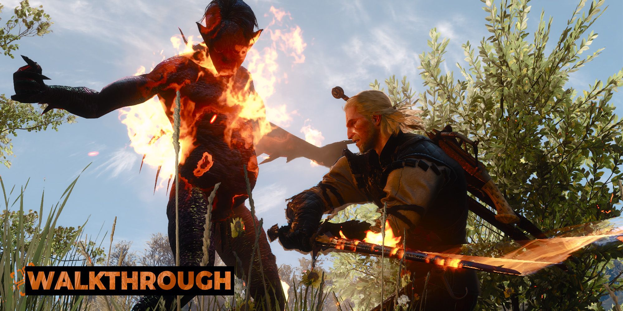 Geralt swings his sword up as he fights a necrophage on the coast.