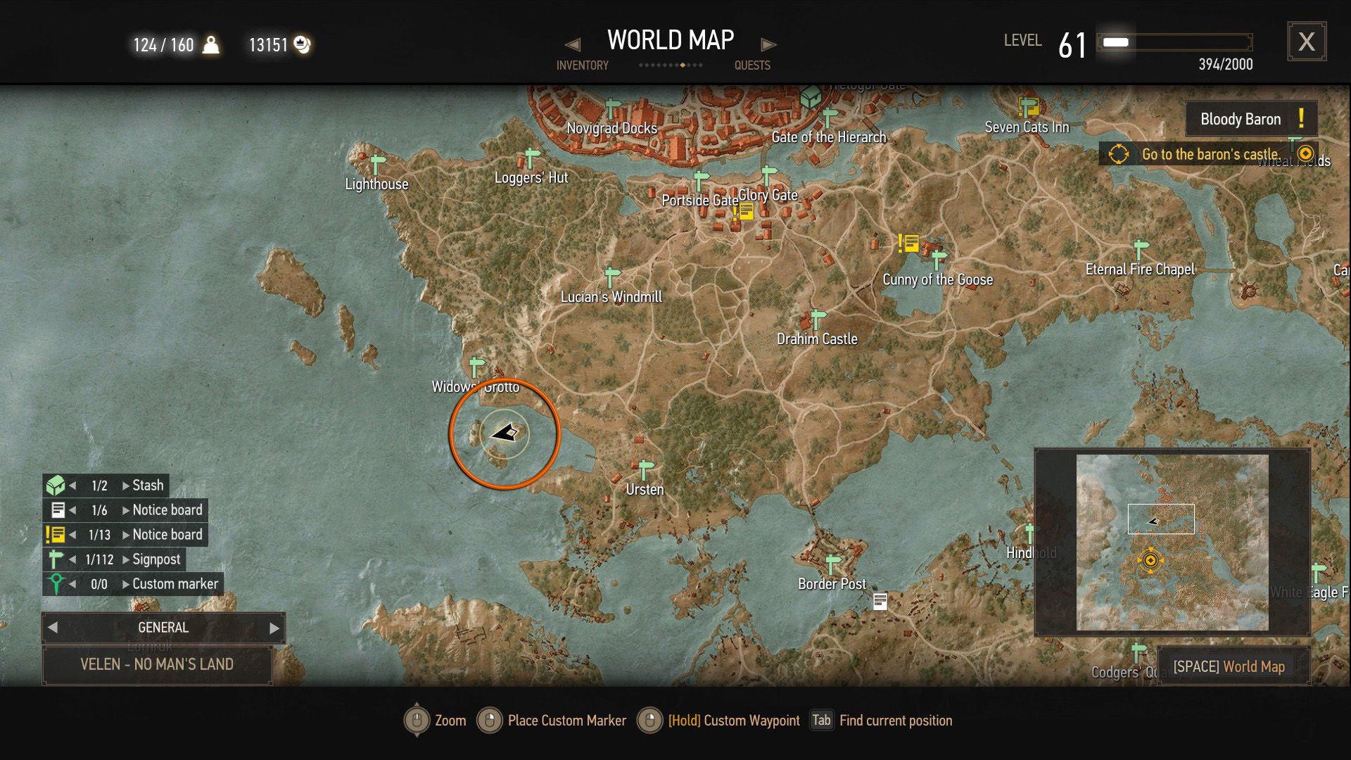 A screenshot of The Witcher 3&rsquo;s map, with an orange circle over a quest objective.