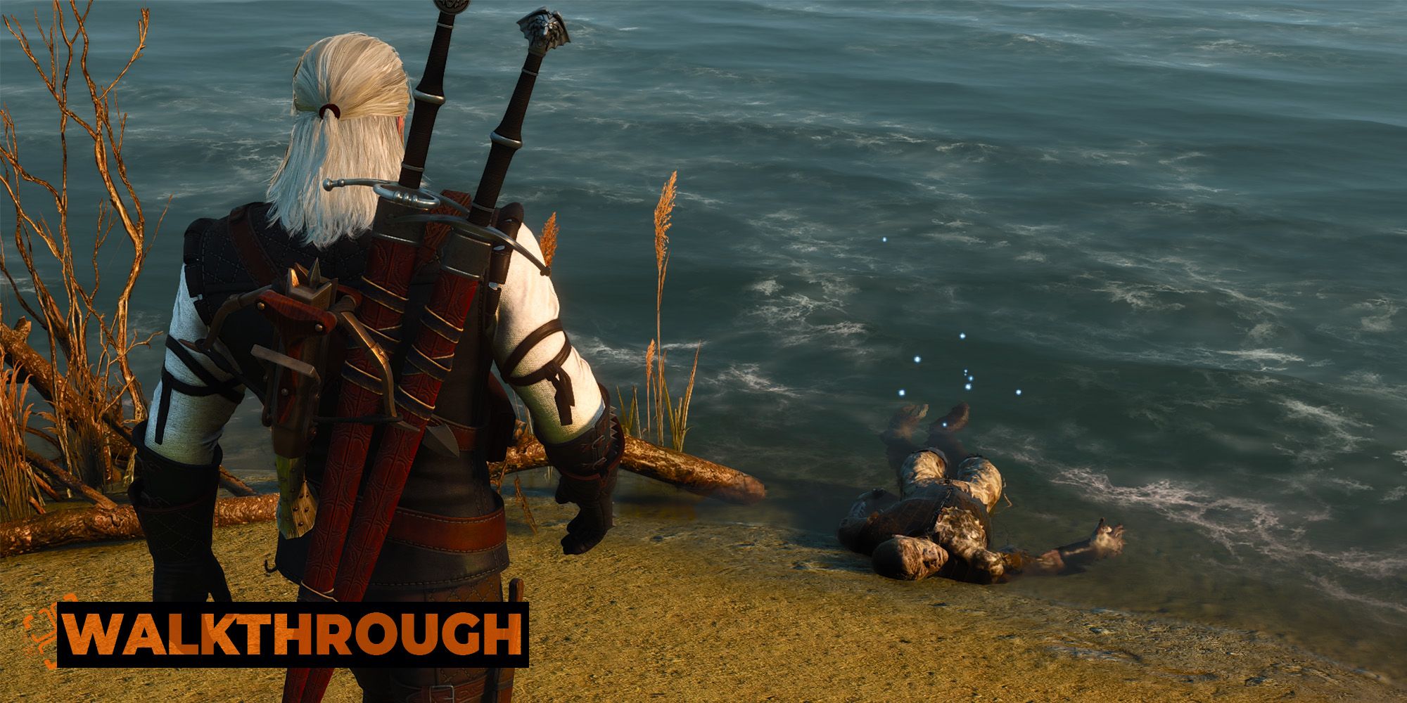 A screenshot of Geralt walking towards a corpse by the coast.