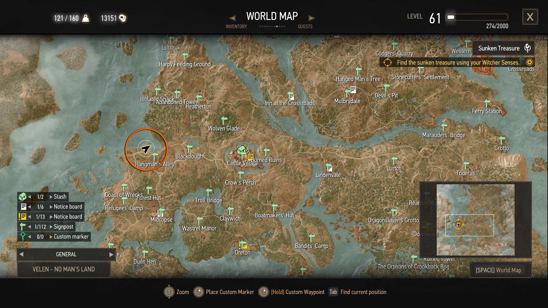 A screenshot of The Witcher 3&rsquo;s map with an orange circle over a quest objective.