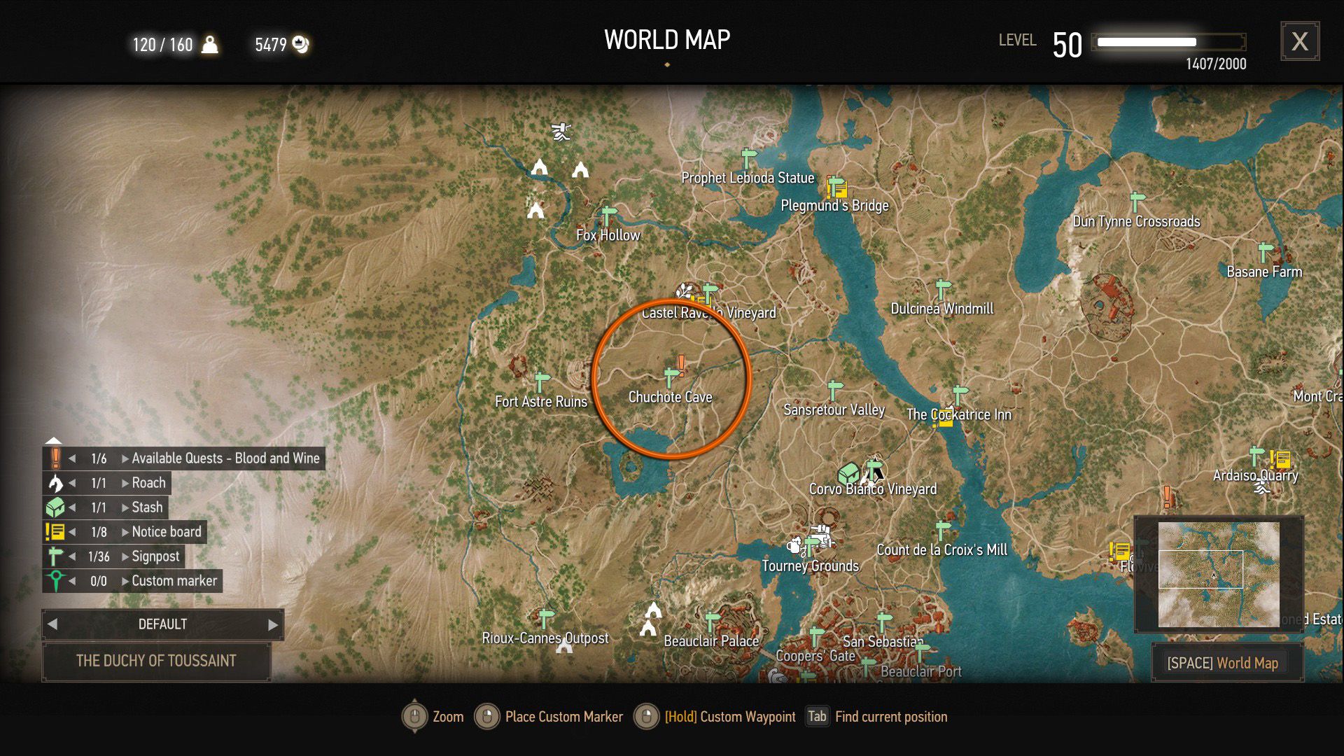A screenshot of The Witcher 3&rsquo;s map with an orange circle over a quest objective.
