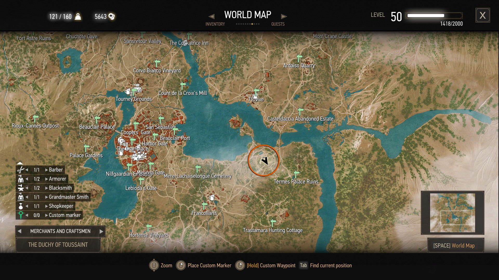 A screenshot of The Witcher 3&rsquo;s map with an orange circle over a quest objective.