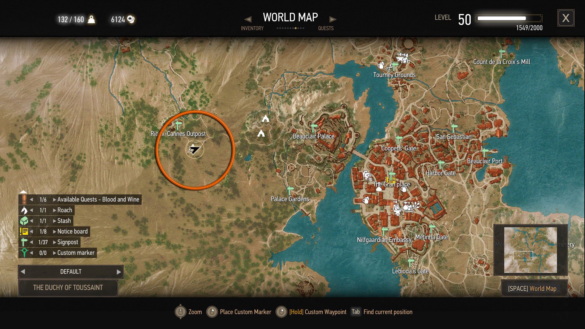 A screenshot of The Witcher 3&rsquo;s map with an orange circle over a quest objective.