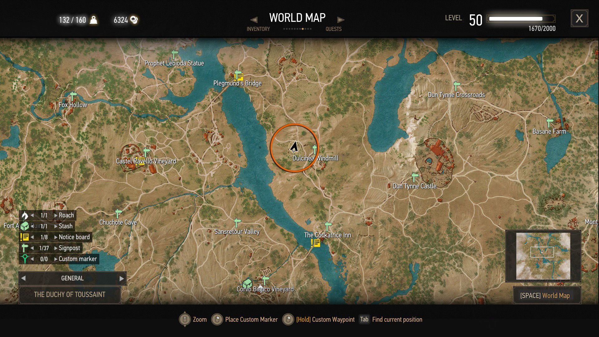 A screenshot of The Witcher 3&rsquo;s map with an orange circle over a quest objective.