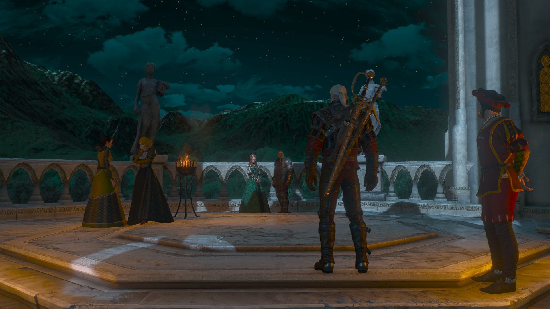 Geralt stands in a courtyard in Beauclair as he is summoned by the Duchess to report on his progress.