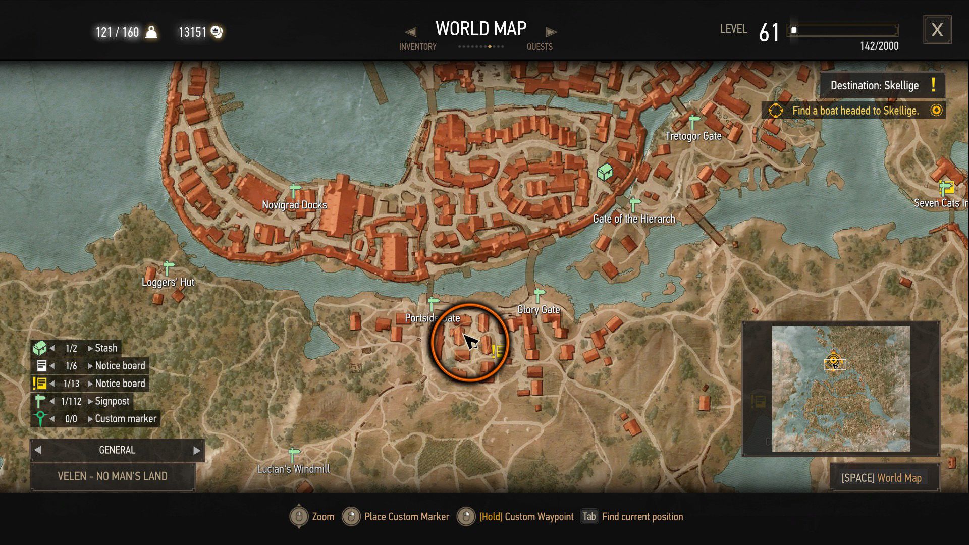 A screenshot of The Witcher 3&rsquo;s map, with an orange circle over a quest objective.