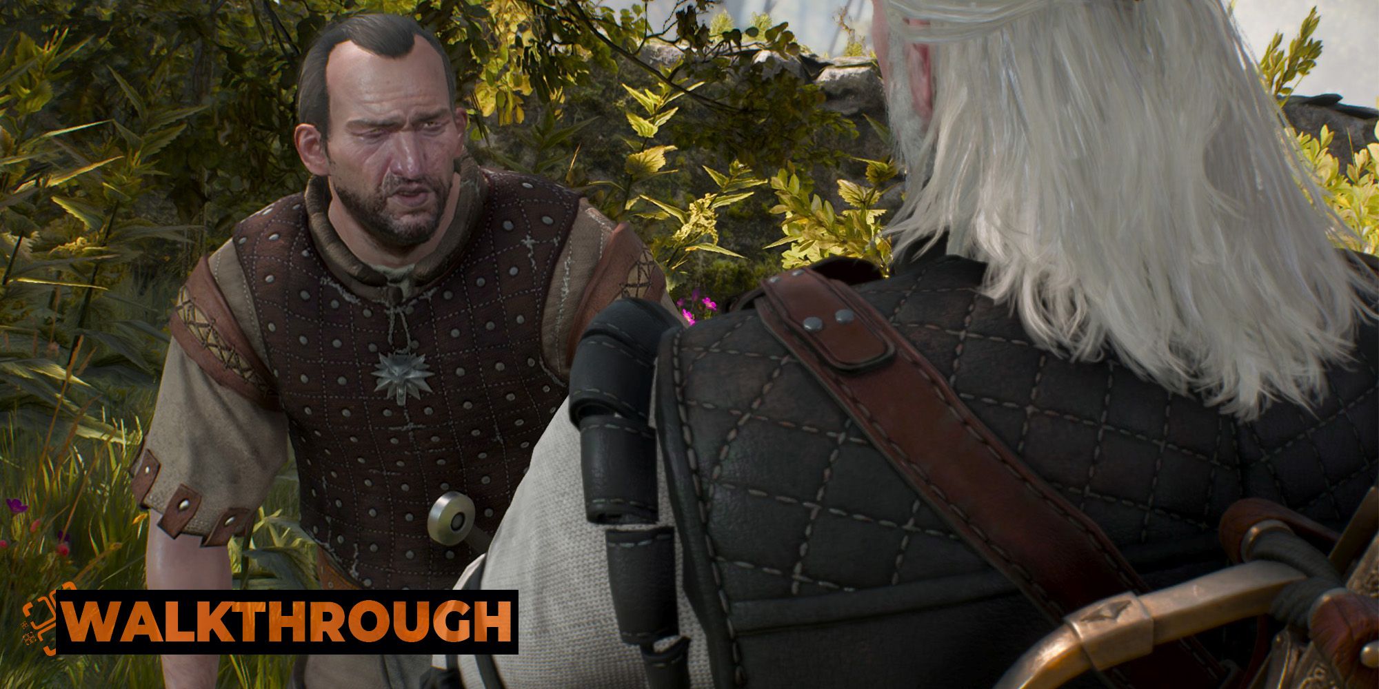 Geralt talks to a balding man in a graveyard as he confronts him for pretending to be a witcher.