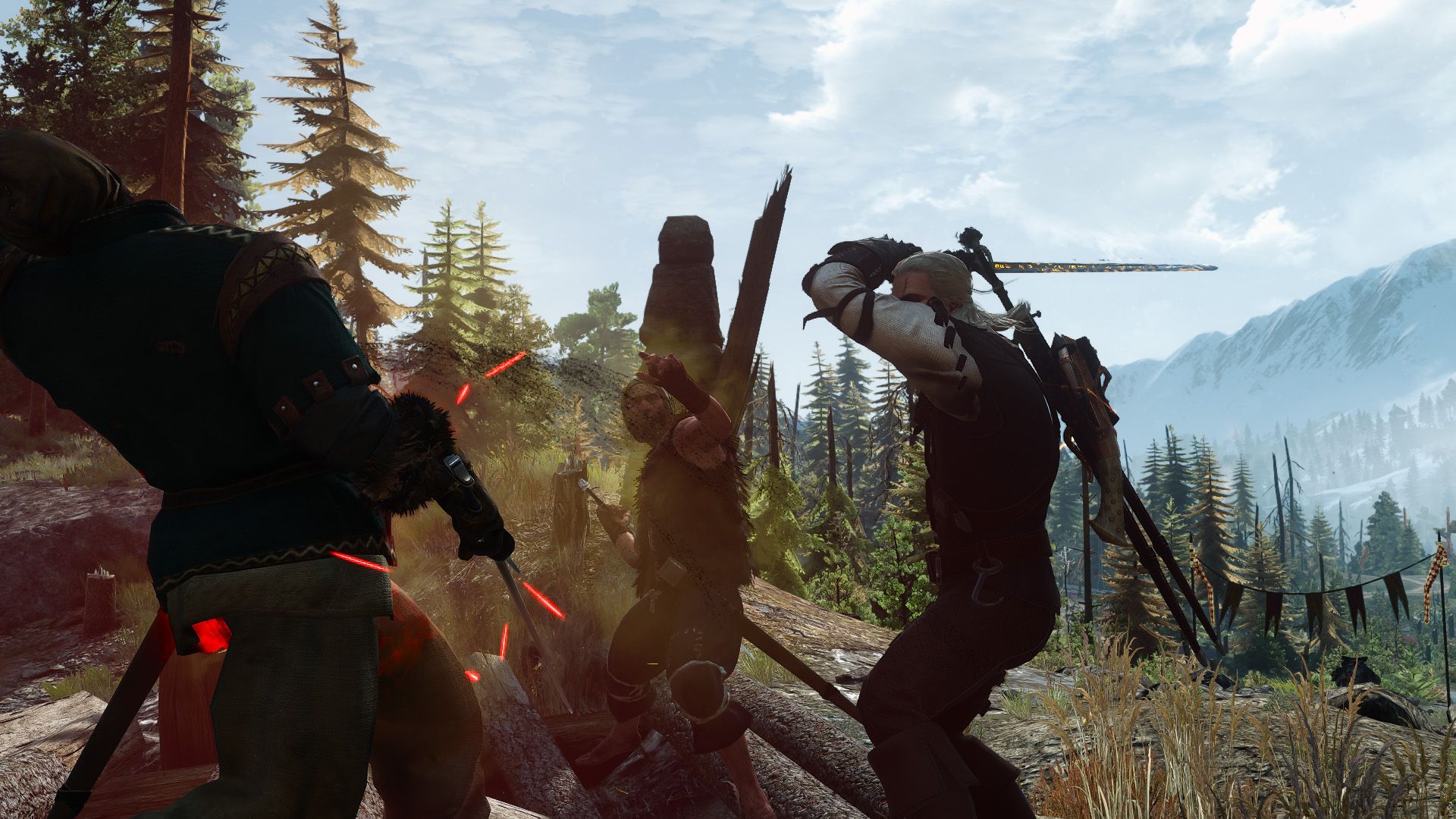 Geralt battles two bandits in the hills in the middle of Ard Skellig.