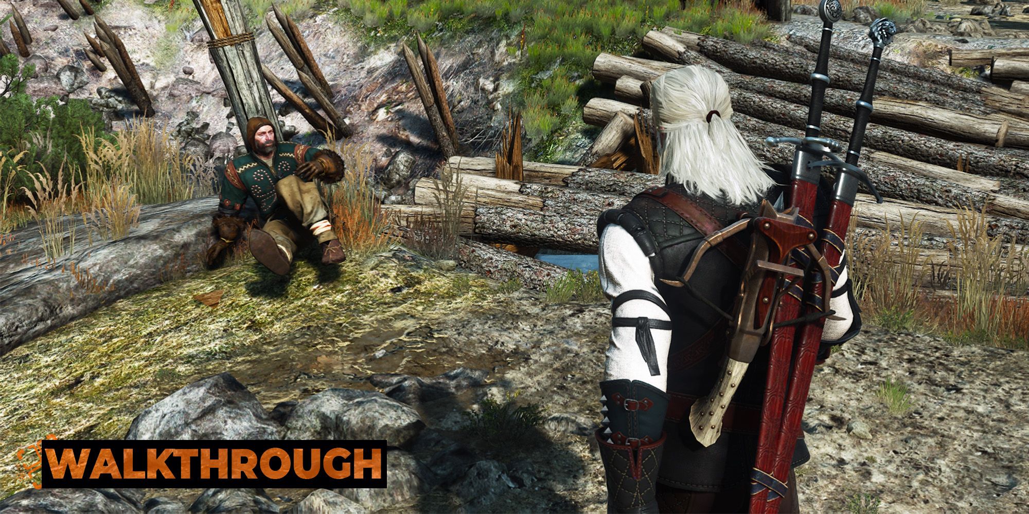Geralt walks toward an injured man in Skellige.