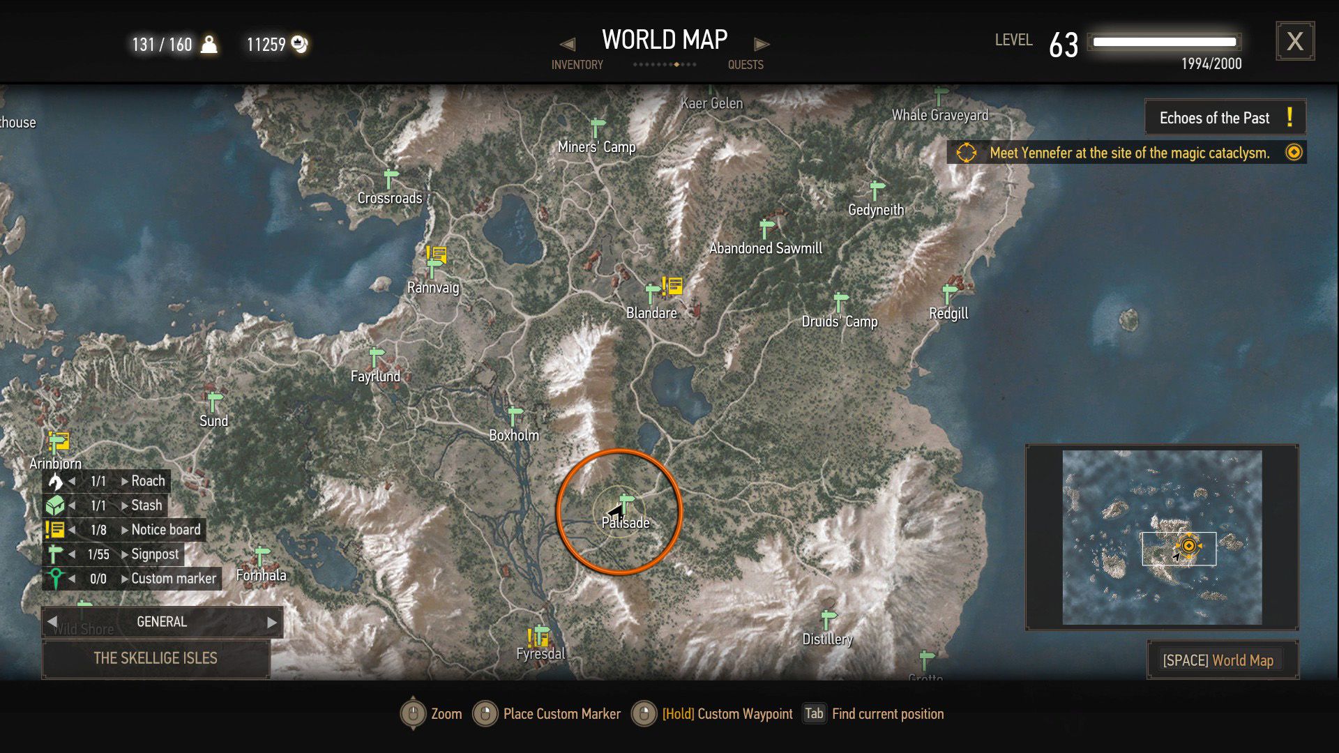 A screenshot of The Witcher 3&rsquo;s map with an orange circle over a quest objective.