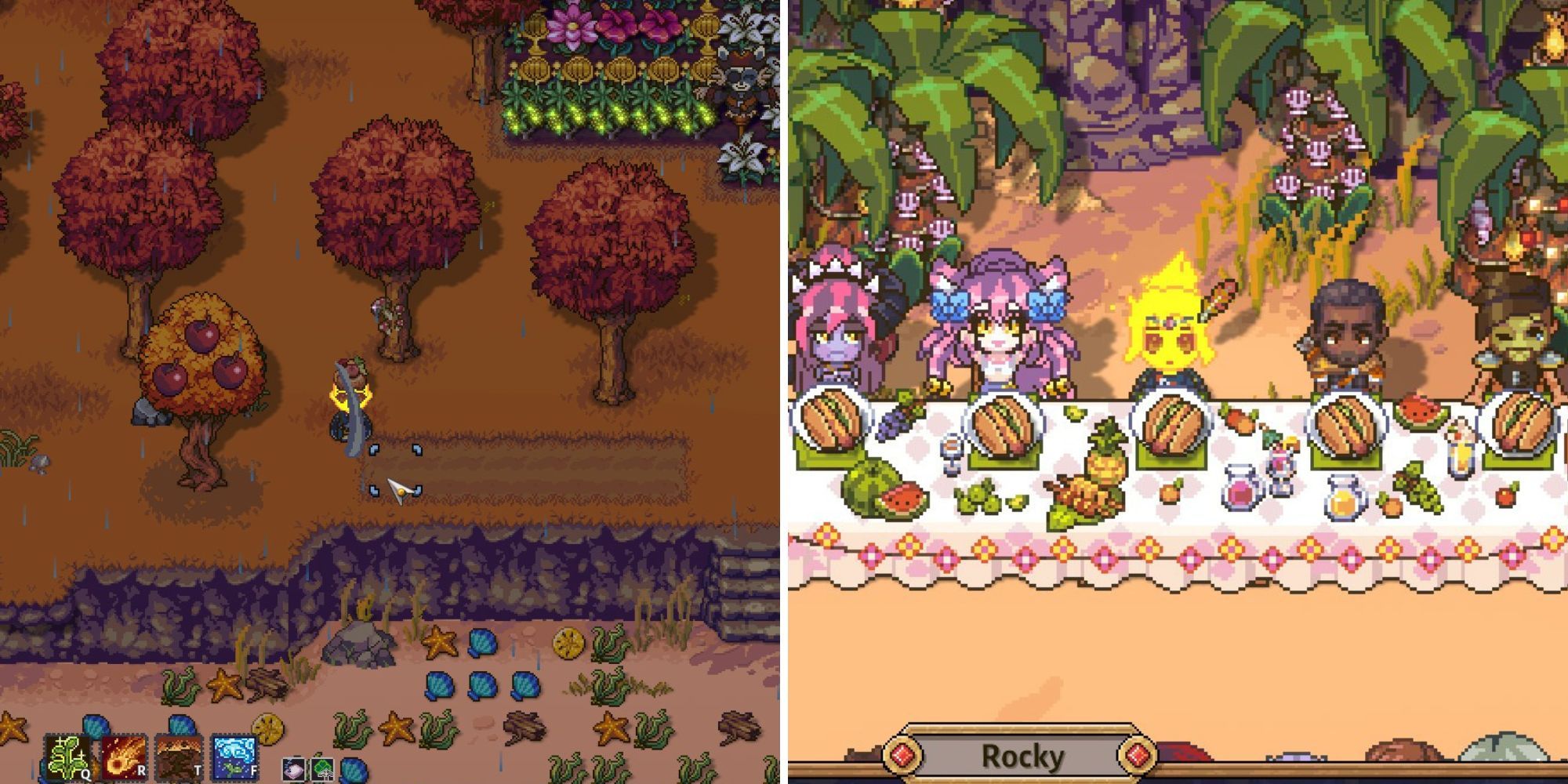Elemental player untilling land on farm in the Fall; Xyla, Kitty, the Farmer, Raimi, and Nathaniel participate in the hot dog eating contest by the beach