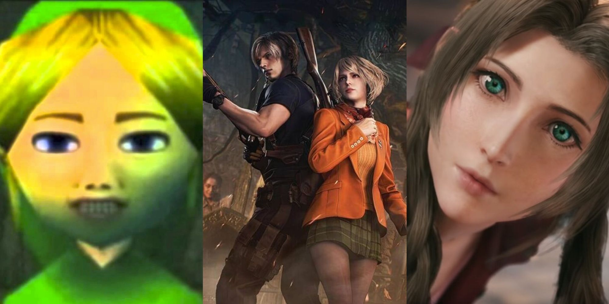 Statue of Link, Leon with Ashley from Resident Evil 4,  Aerith from Final Fantasy 7 Remake