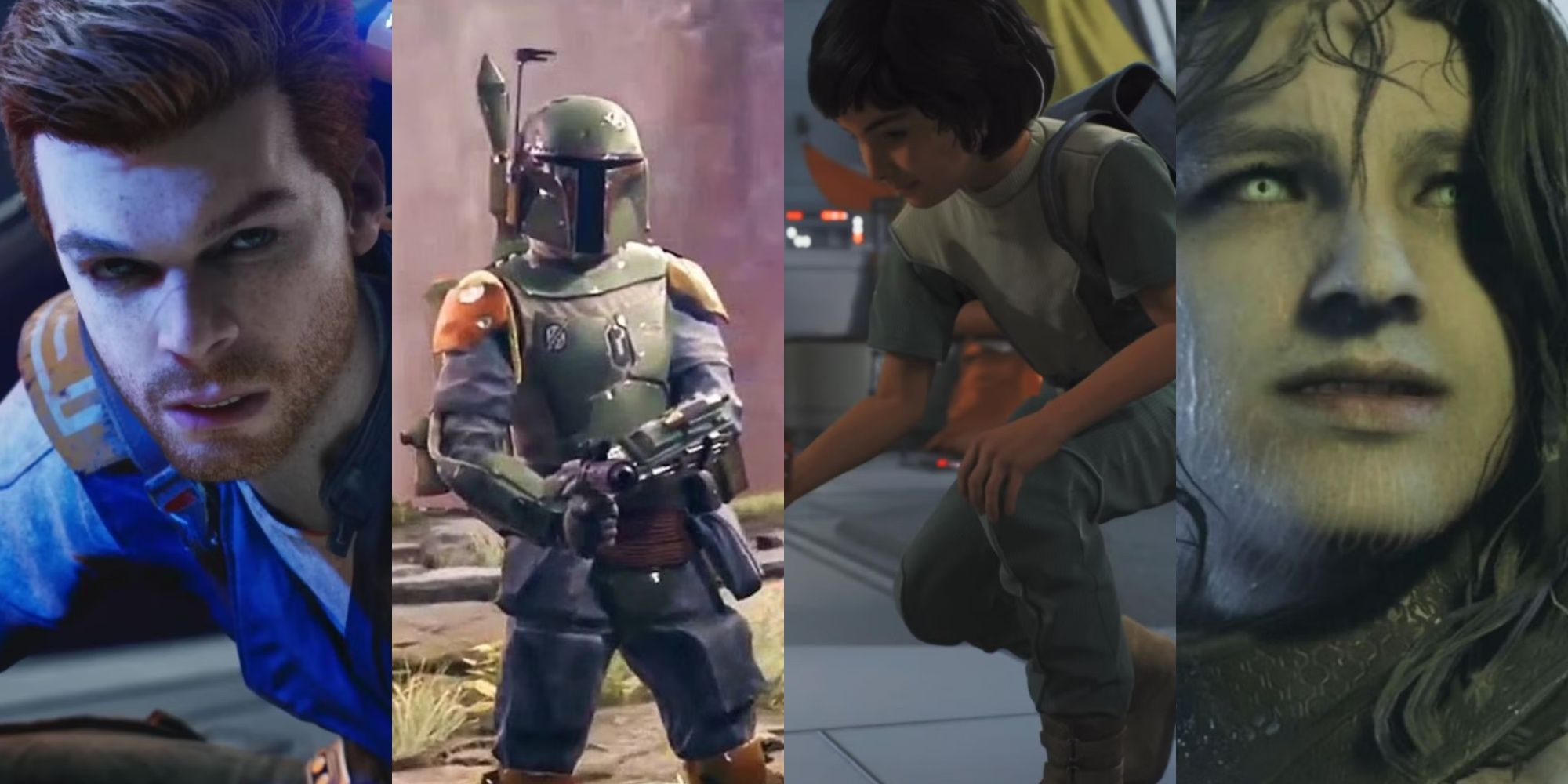 Cal Kestis, Boba Fett, Kata Akuna, and Dagan Gera, from Star Wars Jedi: Survivor