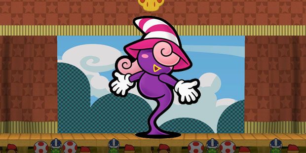 Paper Mario's Vivian on stage showcasing her drag-like aesthetics to an audience of toads, goombas and koopas.