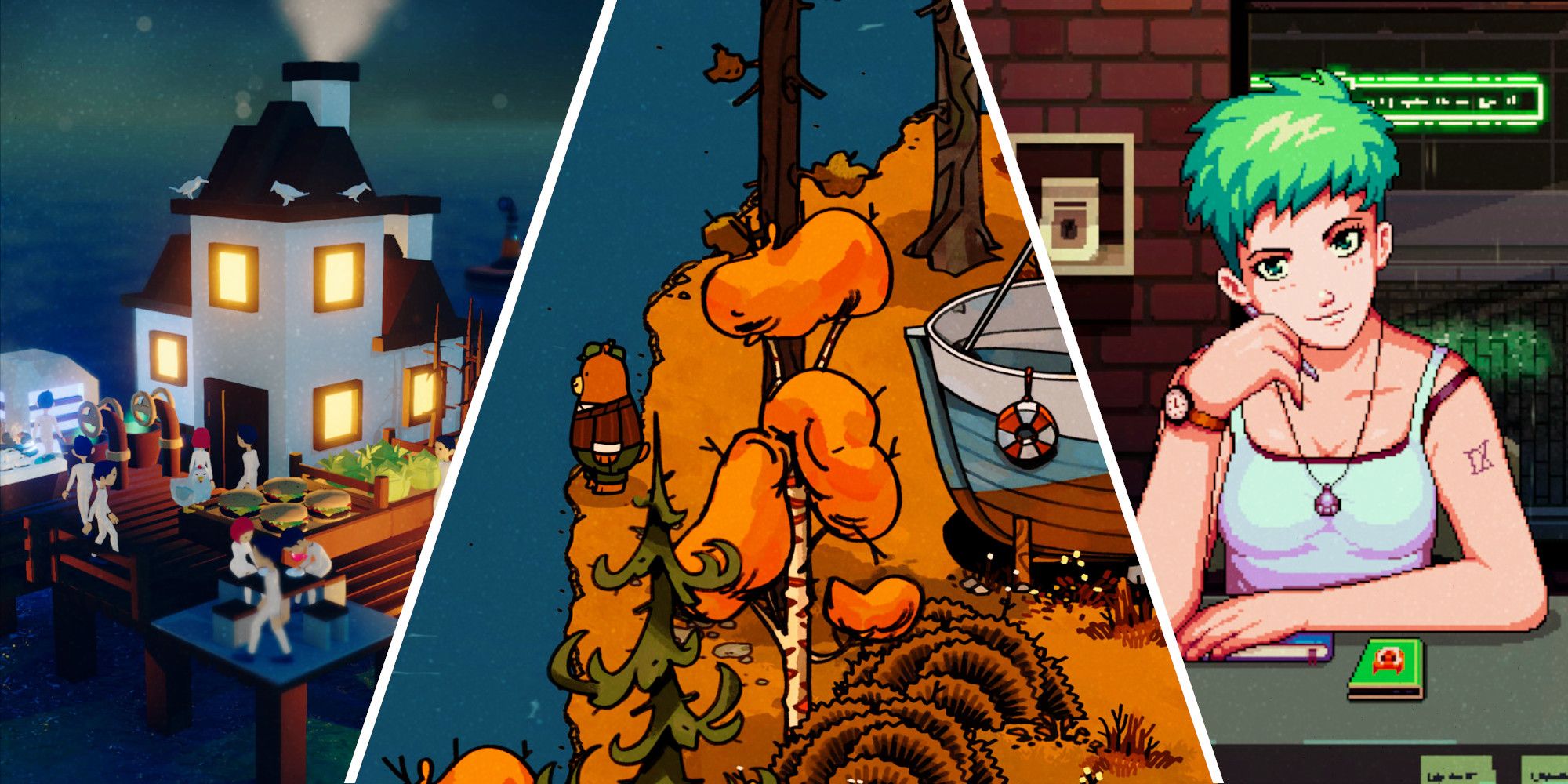 Three images from different games: a house in Havendock, an outdoor scene from Bear and Breakfast, and a character from Coffee Talk