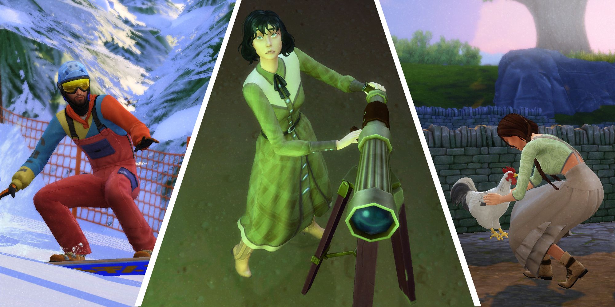 Three images of Sims from The Sims 4. One is snowboarding, one is looking into the sky, the third is holding a chicken