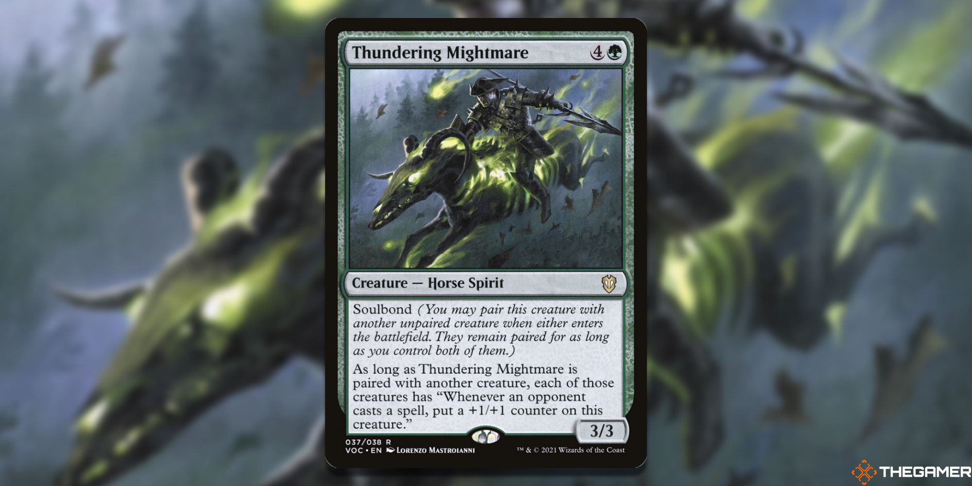 Image of the Thundering Mightmare card in Magic: The Gathering, with art by Lorenzo Mastroianni