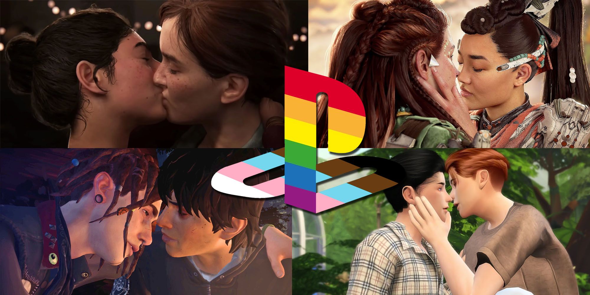 A collage of four kissing scenes, The Last of Us Part 1 and Horizon Forbidden West showing Lesbian relationships, Life is Strange 2 showing a gay relationship and The Sims 4 showing non-binary ove, They are all behind a modified version of the playstation logo with pride colors.