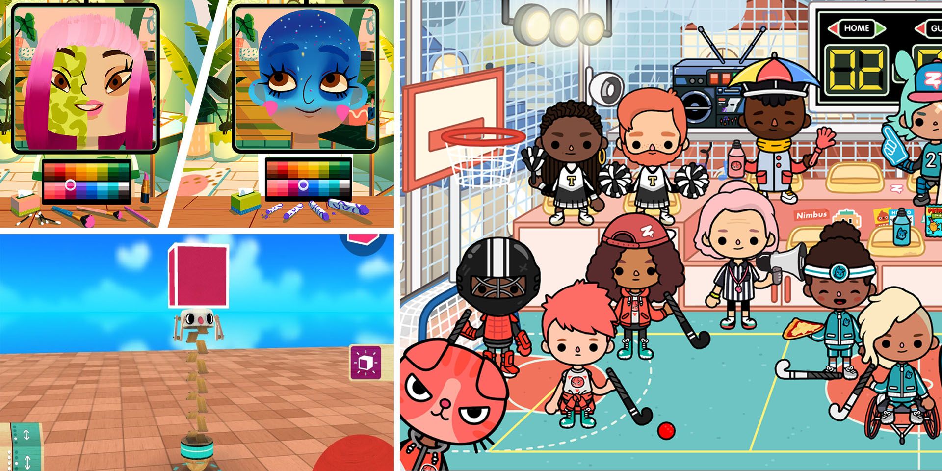 A collage showing three mouth games, a hairdressing simulator and an engineering game with a roibot and a sports-themed life simulator.