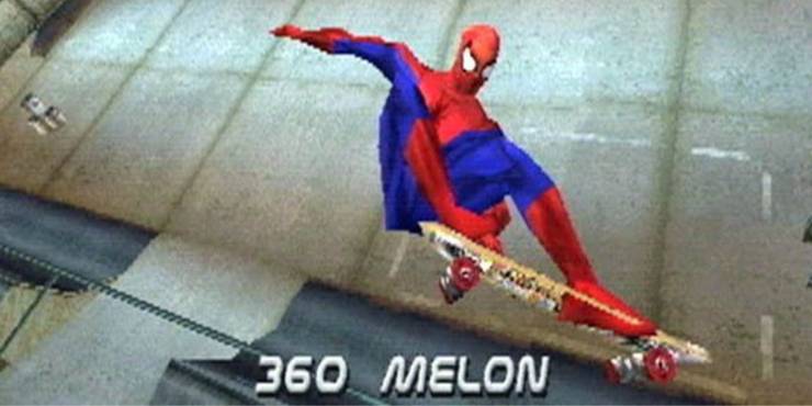 Spider-Man performs a grab trick off a half pipe