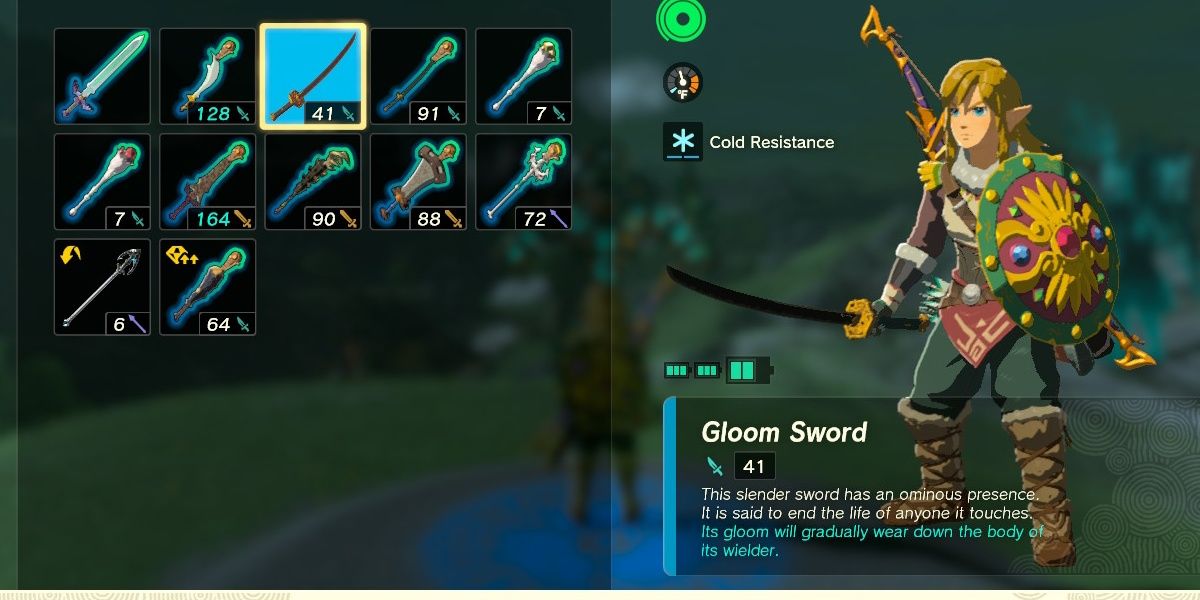 Link wields the Gloom Sword in the menu in The Legend of Zelda: Tears of the Kingdom.