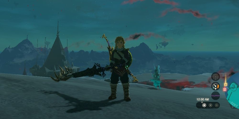 Link holds a White-Maned Lynel weapon in The Legend of Zelda: Tears of the Kingdom.