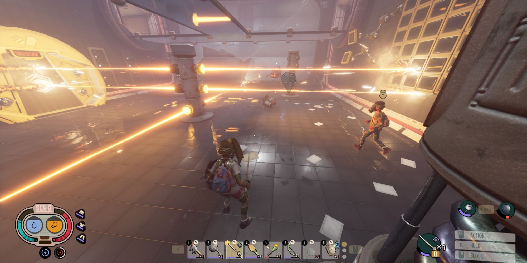 Two players in the middle of assistant manager fight with lasers in Grounded.