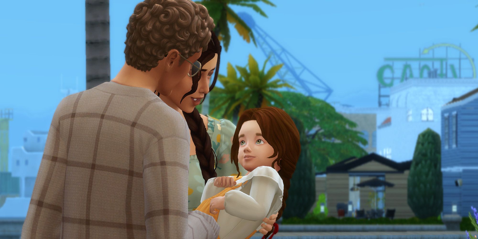 Two Sims from The Sims 4 holding and looking at a toddler Sim