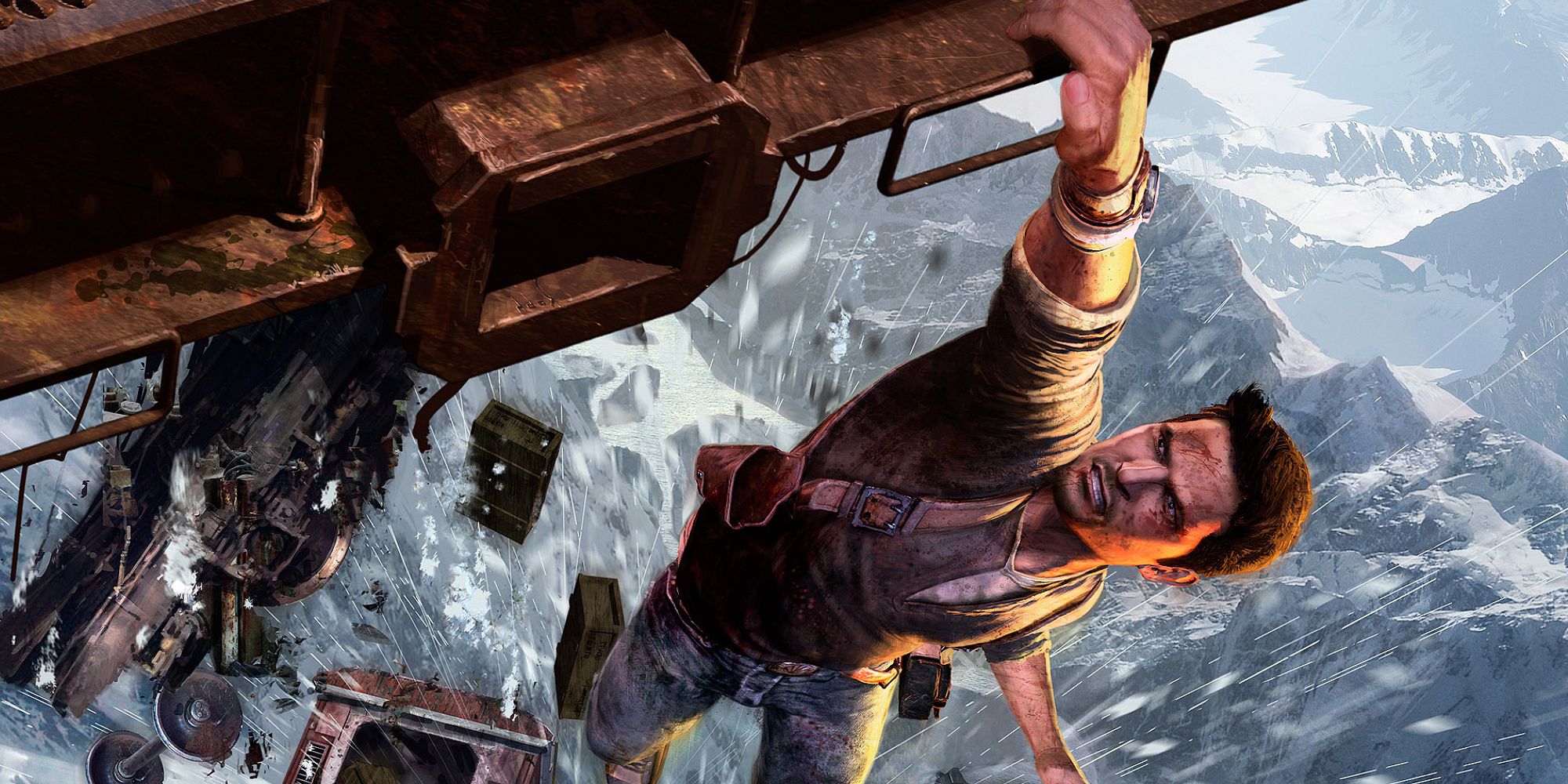 Nathan Drake hanging onto a collapsing train from Uncharted 2 Among Thieves