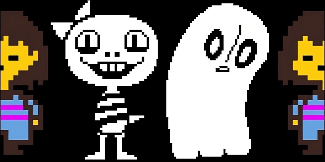 Three non-binary Undertale characters are presented next to each other, with the player character in color on the far left and right sides of the screen, with the energetic Monster Kid and sad ghost Napstablook sandwiched in between.