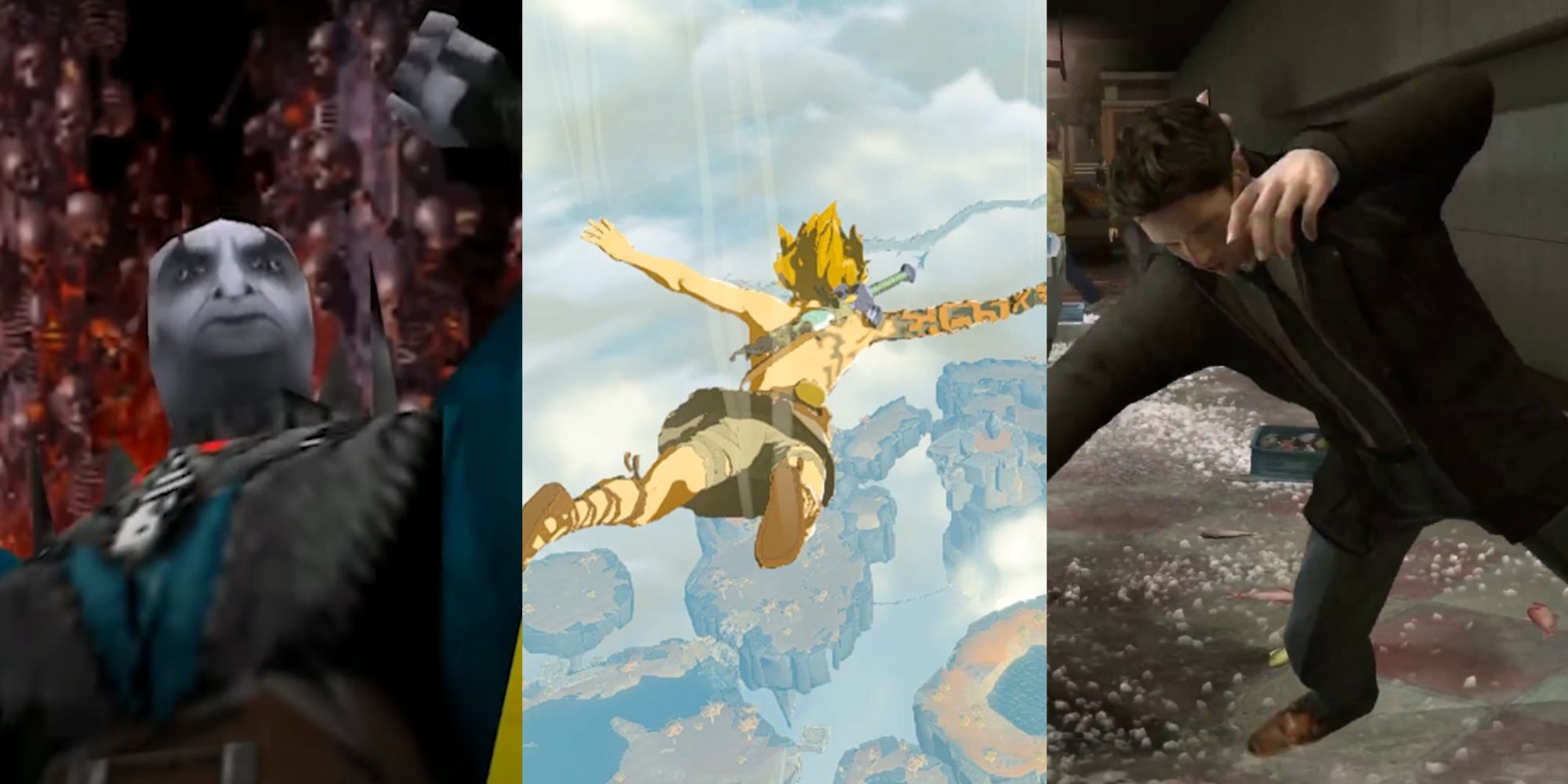 Quan-Chi in Netherrealm, Link skydiving, and Jayden falling in a supermarket